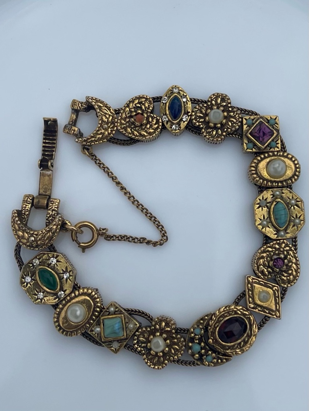 Vintage MCM Goldette Victorian Revival Slide Bracelet Faux Pearl Emerald Garnet - Picture 2 of 10
